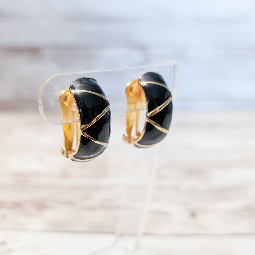 Vintage Clip On Earrings Black & Gold Tone Half Hoops Large Statement